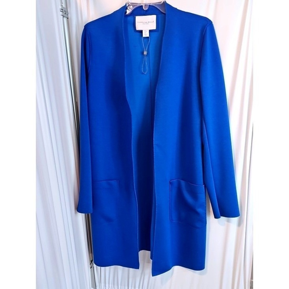 Carolina Belle Montreal Blue Open Front Stretch Knit Duster Cardigan